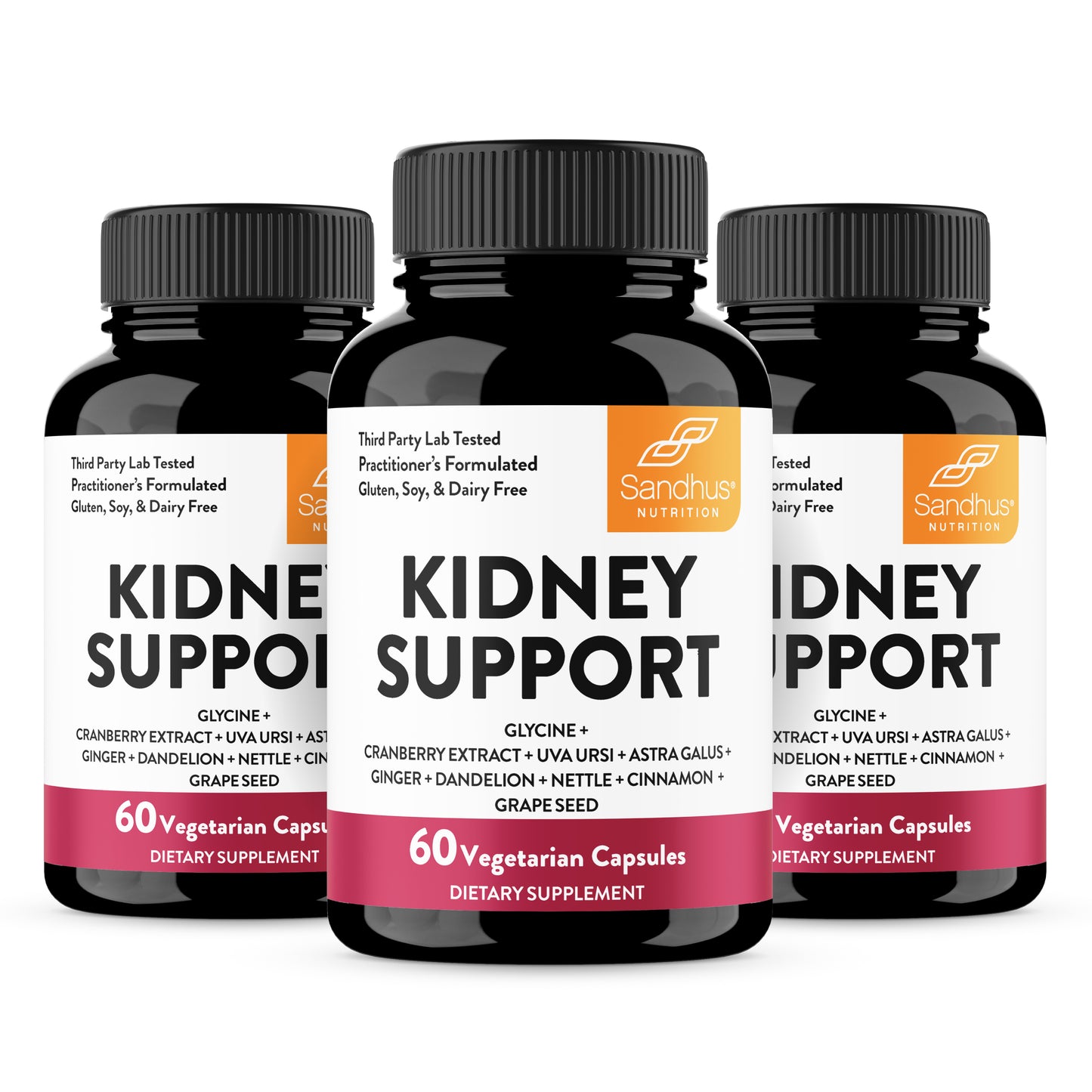 Three bottles of Sandhus Nutrition Kidney Support supplement on a white background