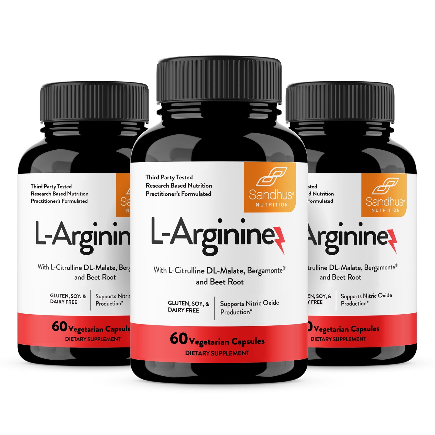 Three bottles of Sandhus Nutrition High Absorption Curcumin dietary supplements on a white background