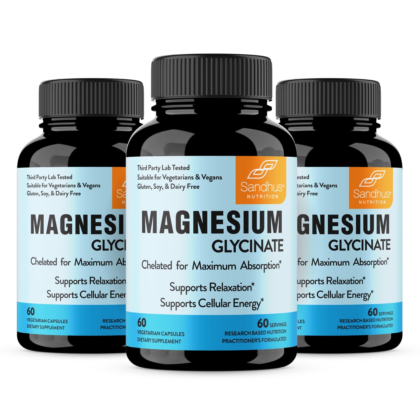 Three bottles of Sandhus Nutrition Magnesium Glycinate supplements on a white background