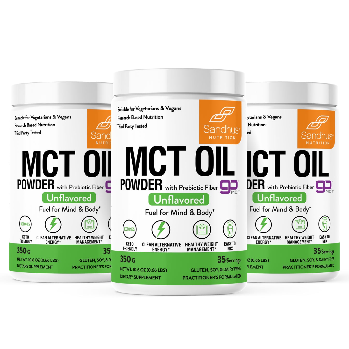 Three containers of Sandhus Nutrition MCT Oil Powder on a white background
