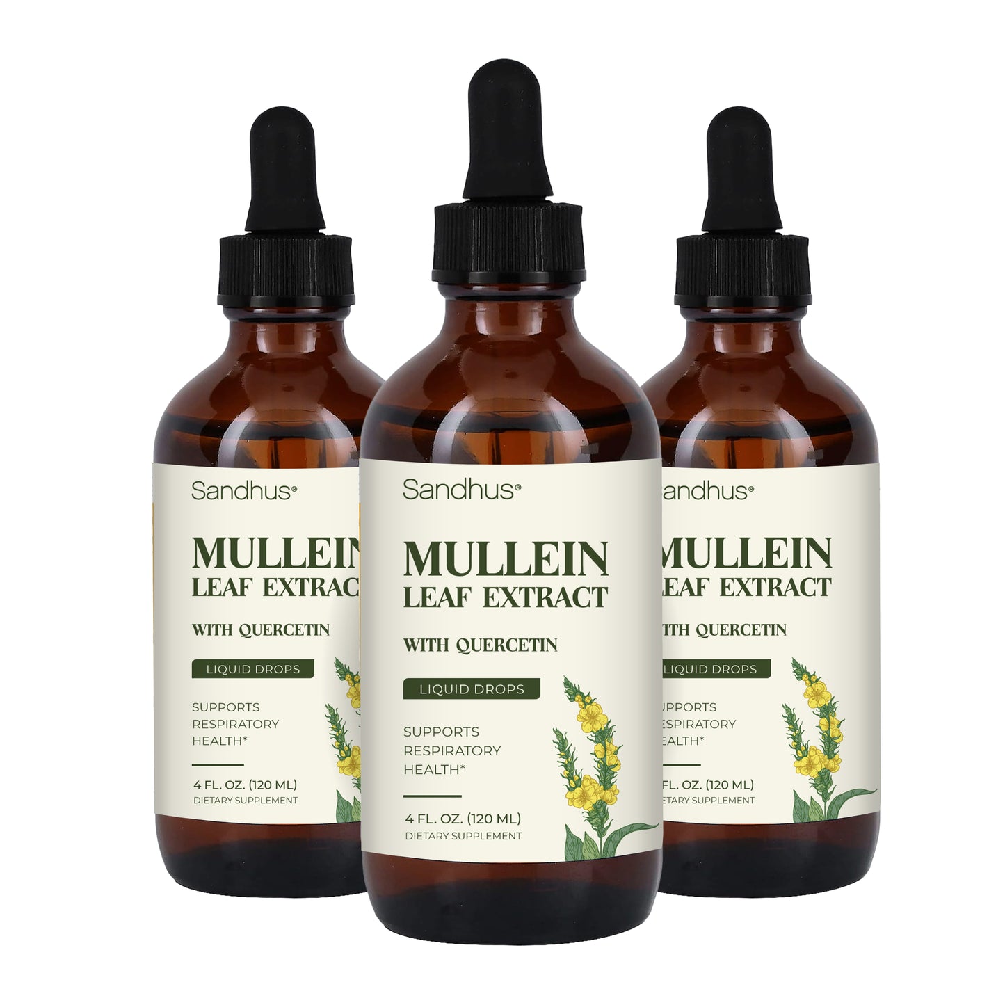 Three bottles of Sandhus Mullein Leaf Extract on a white background