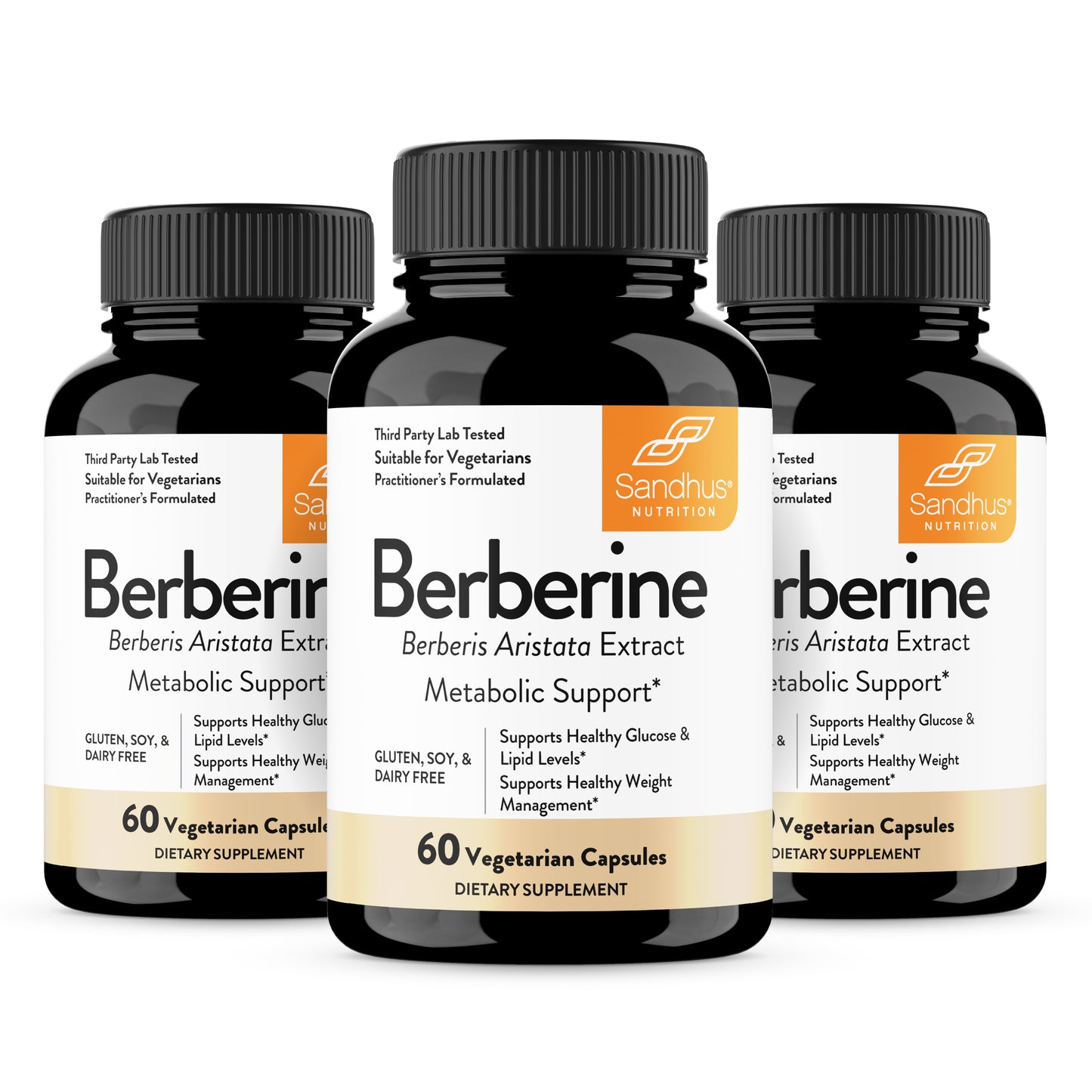Three bottles of Berberine supplement with labels on a white background
