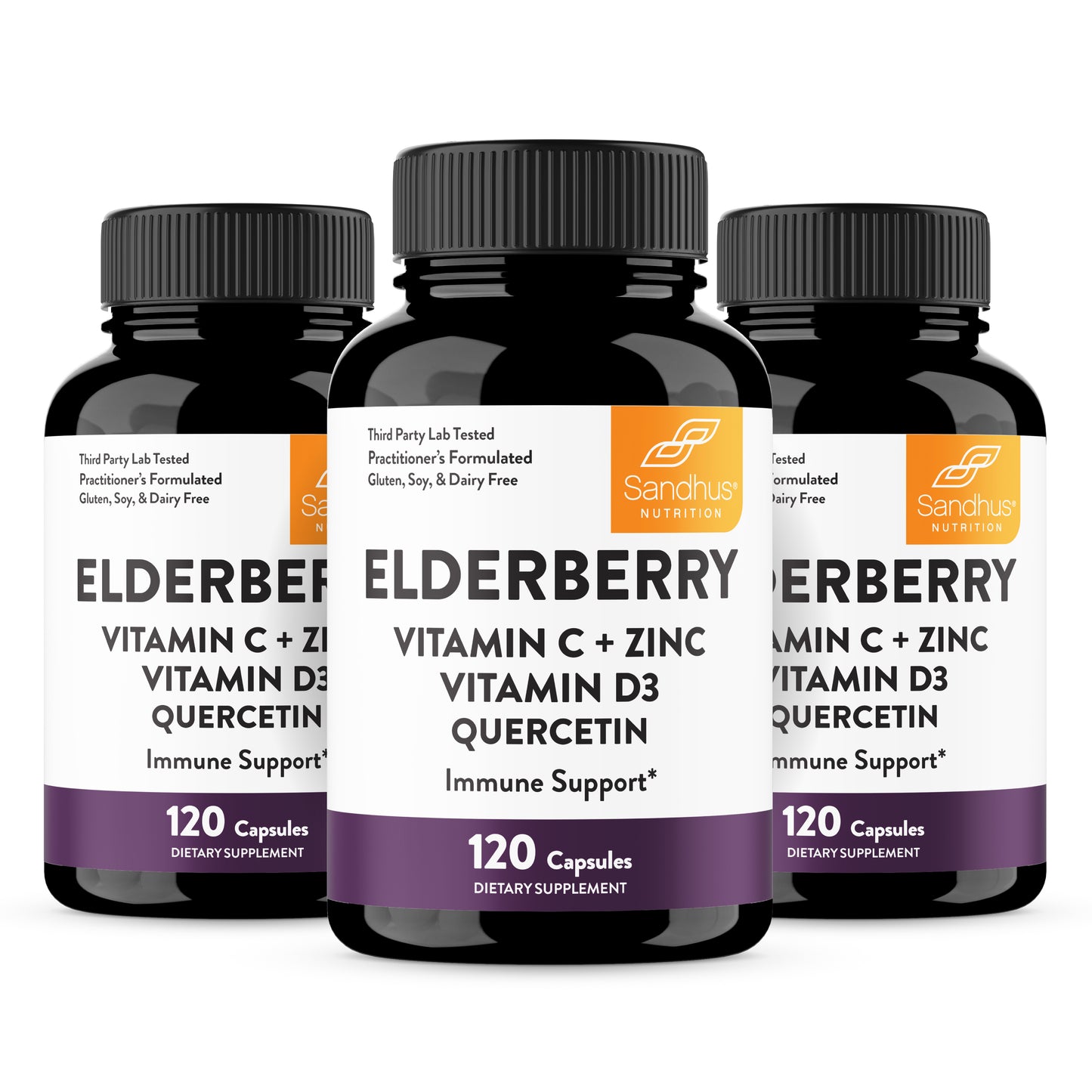 Three bottles of Sandhus Elderberry supplement on a white background