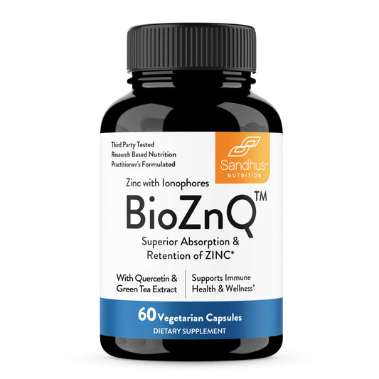 Supplement bottle labeled 'BioZnQ' with Sandhu Nutrition branding on a white background