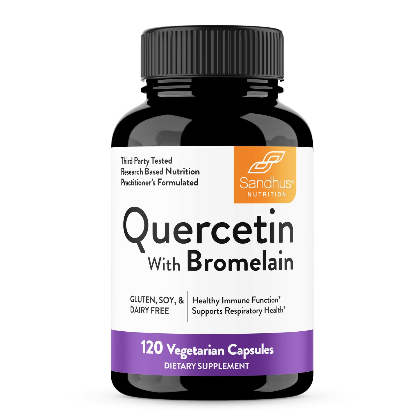 Supplement bottle labeled 'Quercetin with Bromelain' by Sandhu Nutrition on a white background