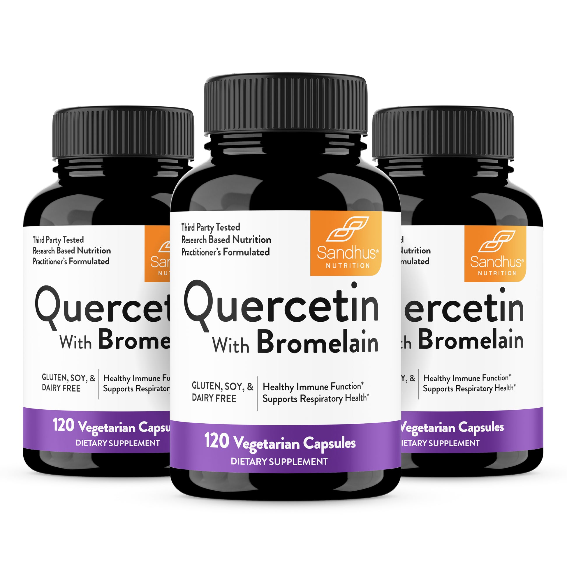 A bottle of Quercetin with Bromelain vegetarian capsules with 120 capsules per bottle.