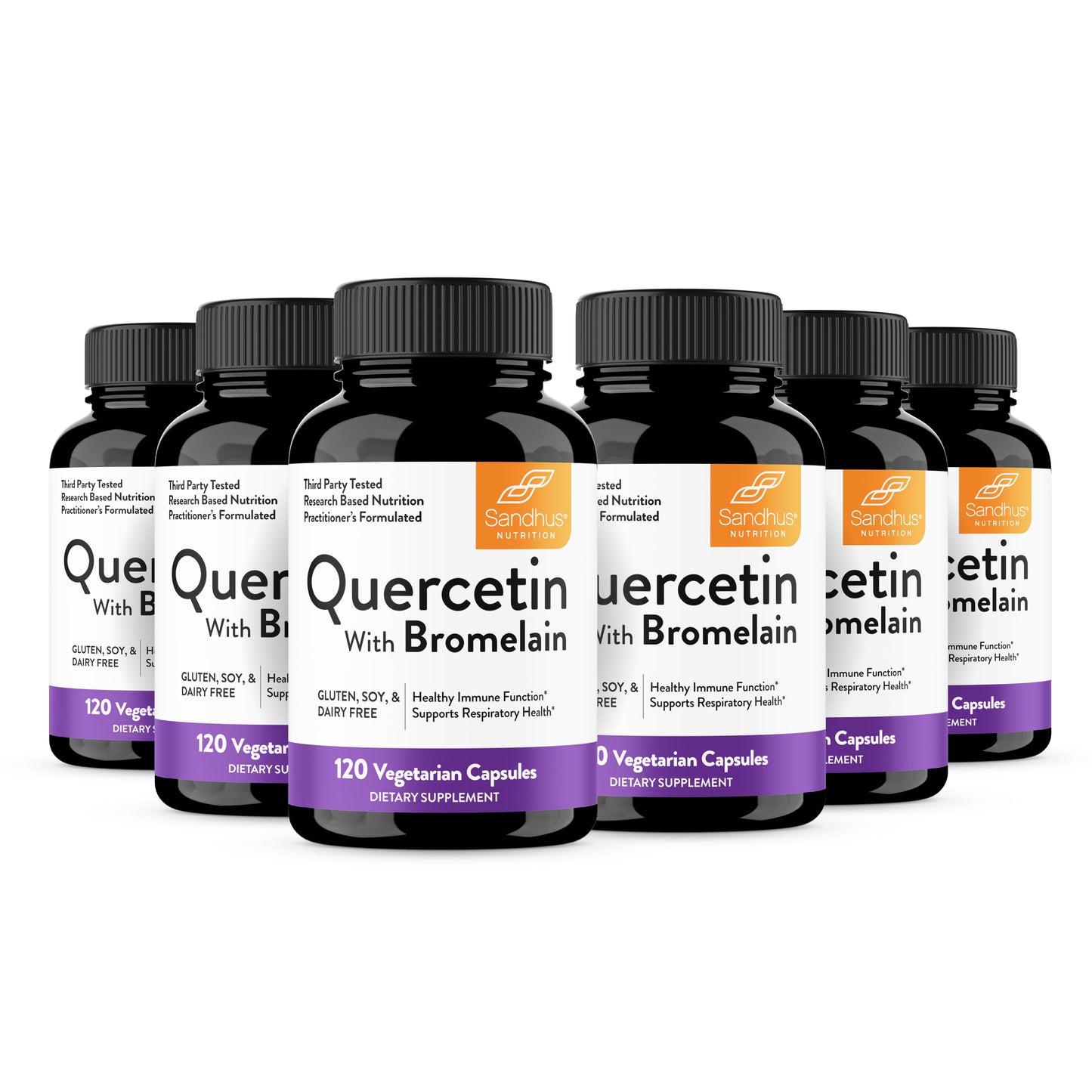 A bottle of Quercetin with Bromelain vegetarian capsules with 120 capsules per bottle.