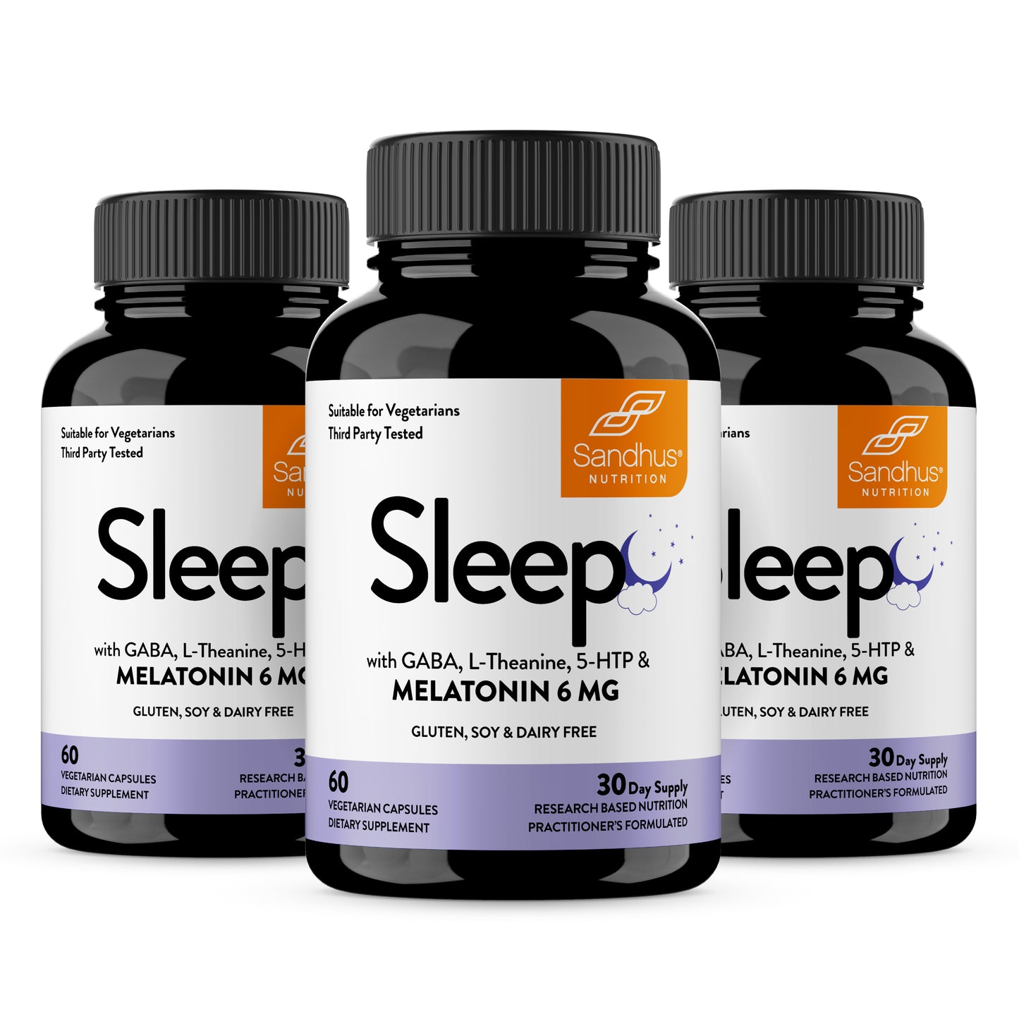 Three bottles of Sandhus Nutrition Sleep supplement on a white background
