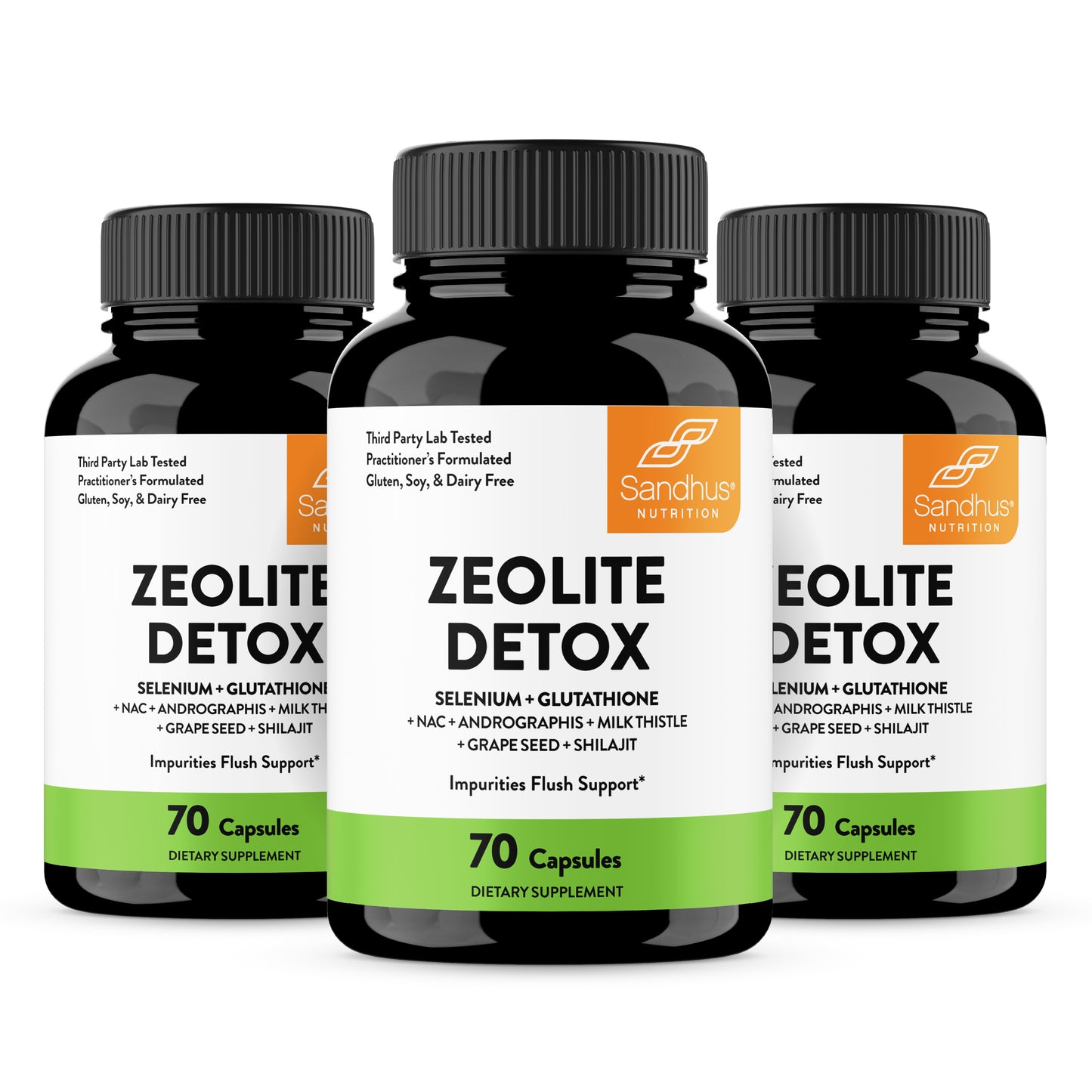 Three bottles of Sandhus Nutrition Zeolite Detox supplement on a white background