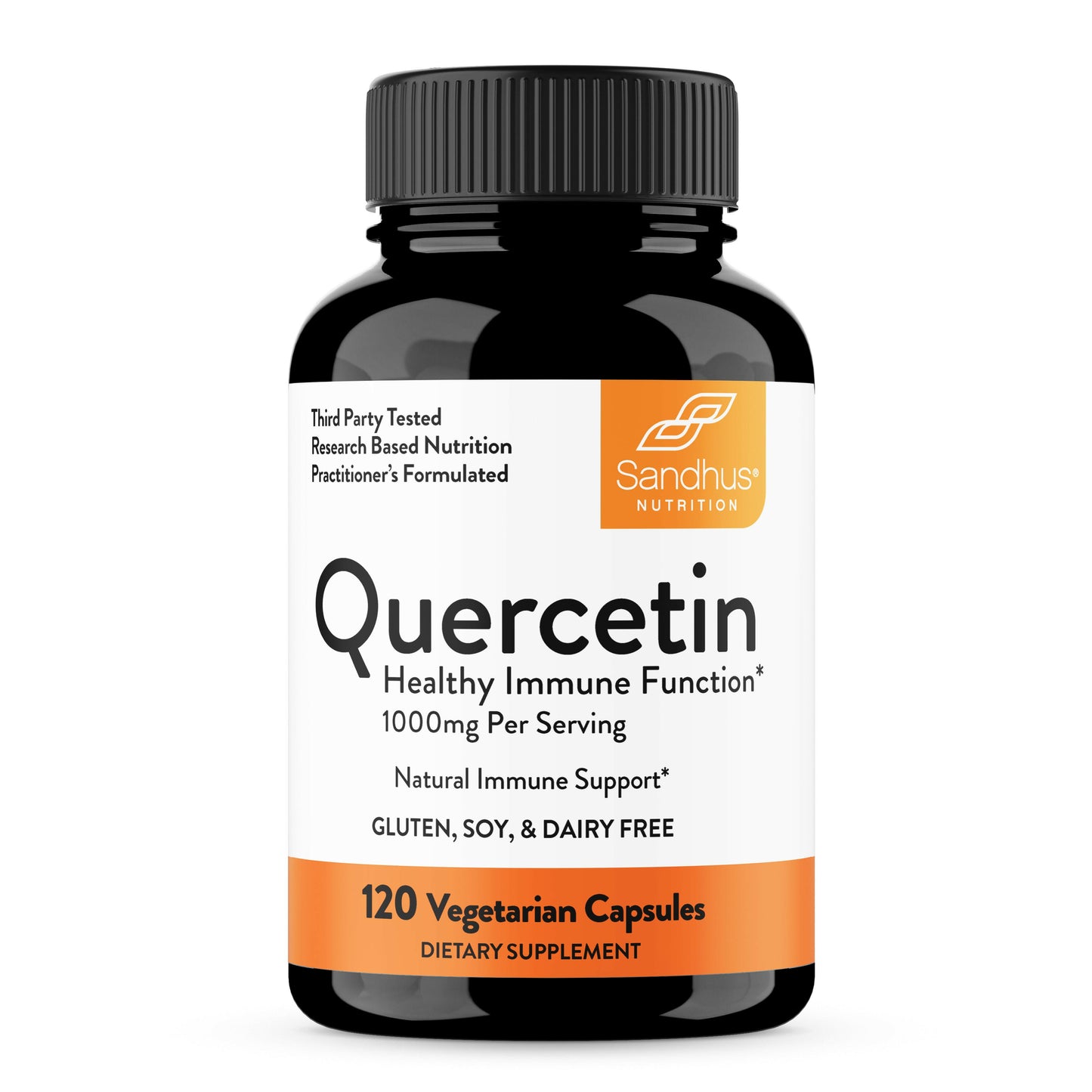 Supplement bottle labeled 'Quercetin' by Sandhus Nutrition on a white background