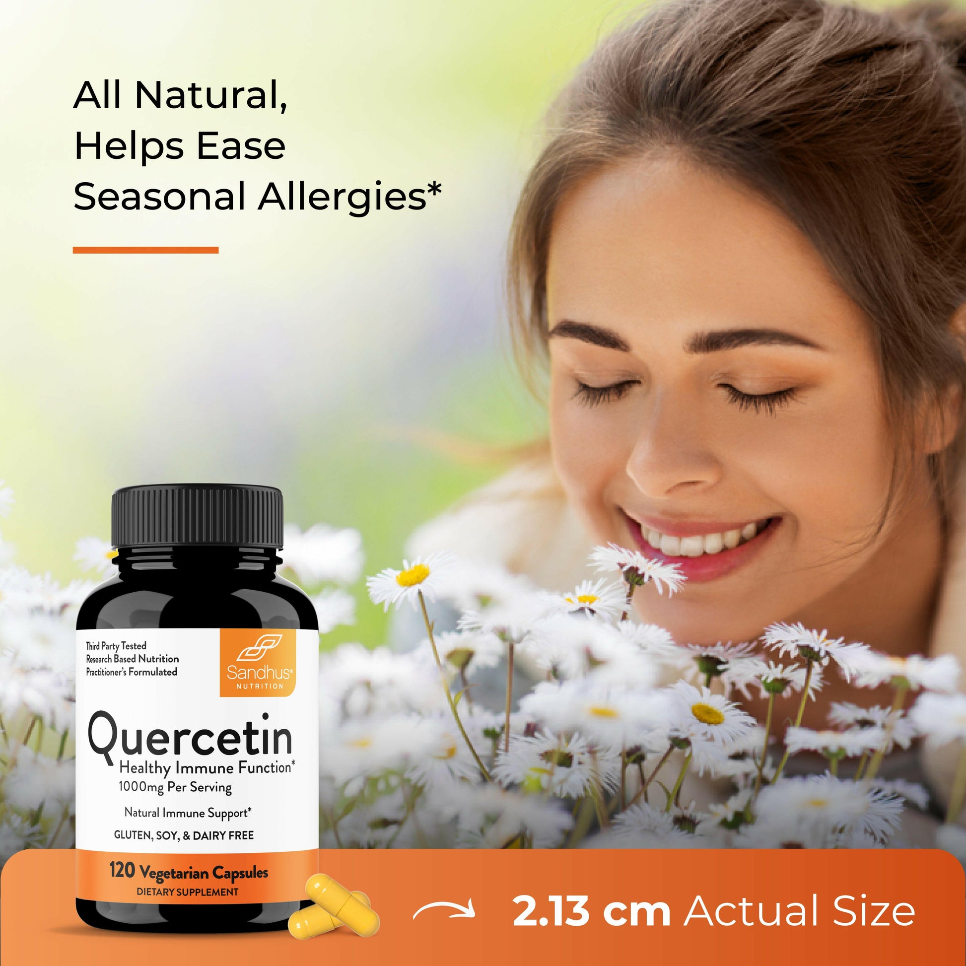Smiling woman with flowers beside Sandhu’s Quercetin supplement bottle promoting natural support for seasonal allergies.
