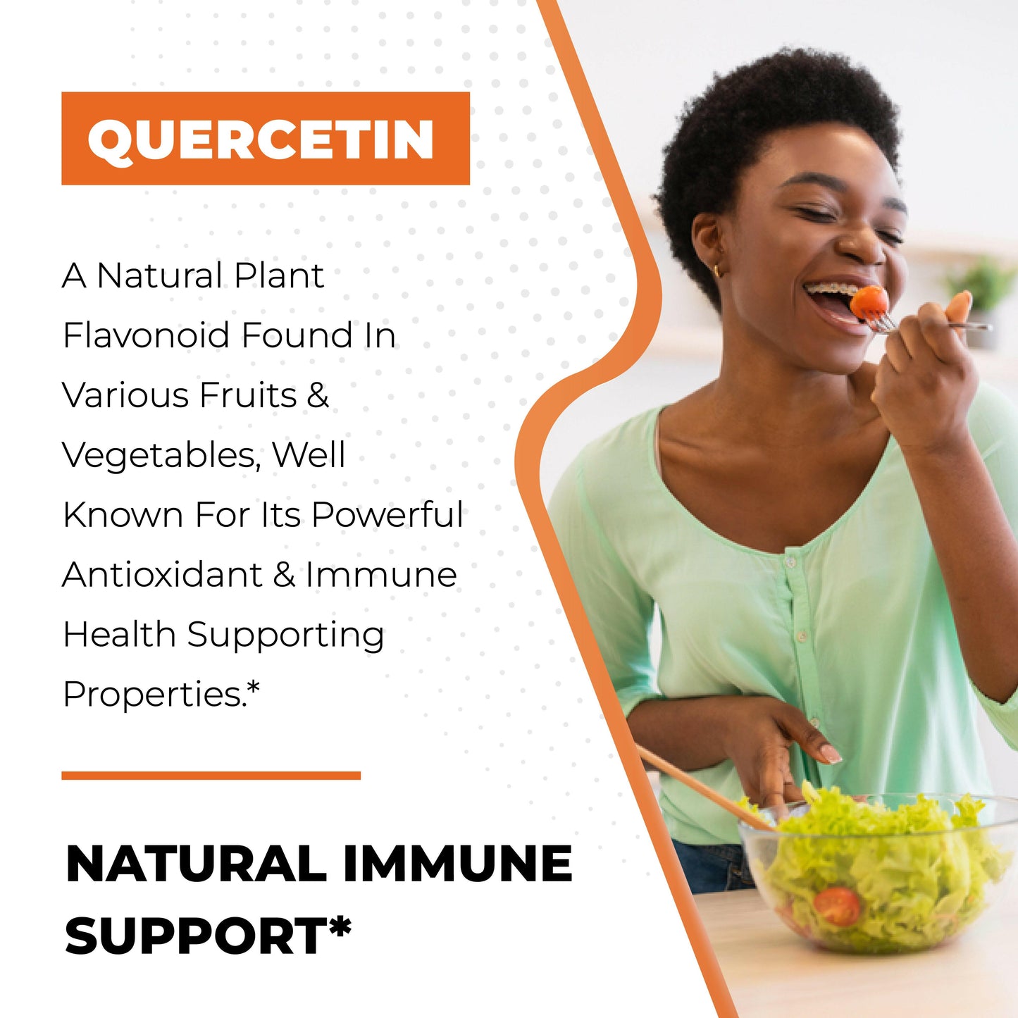Smiling woman eating salad with infographic on Quercetin, a natural flavonoid supporting antioxidant and immune health.