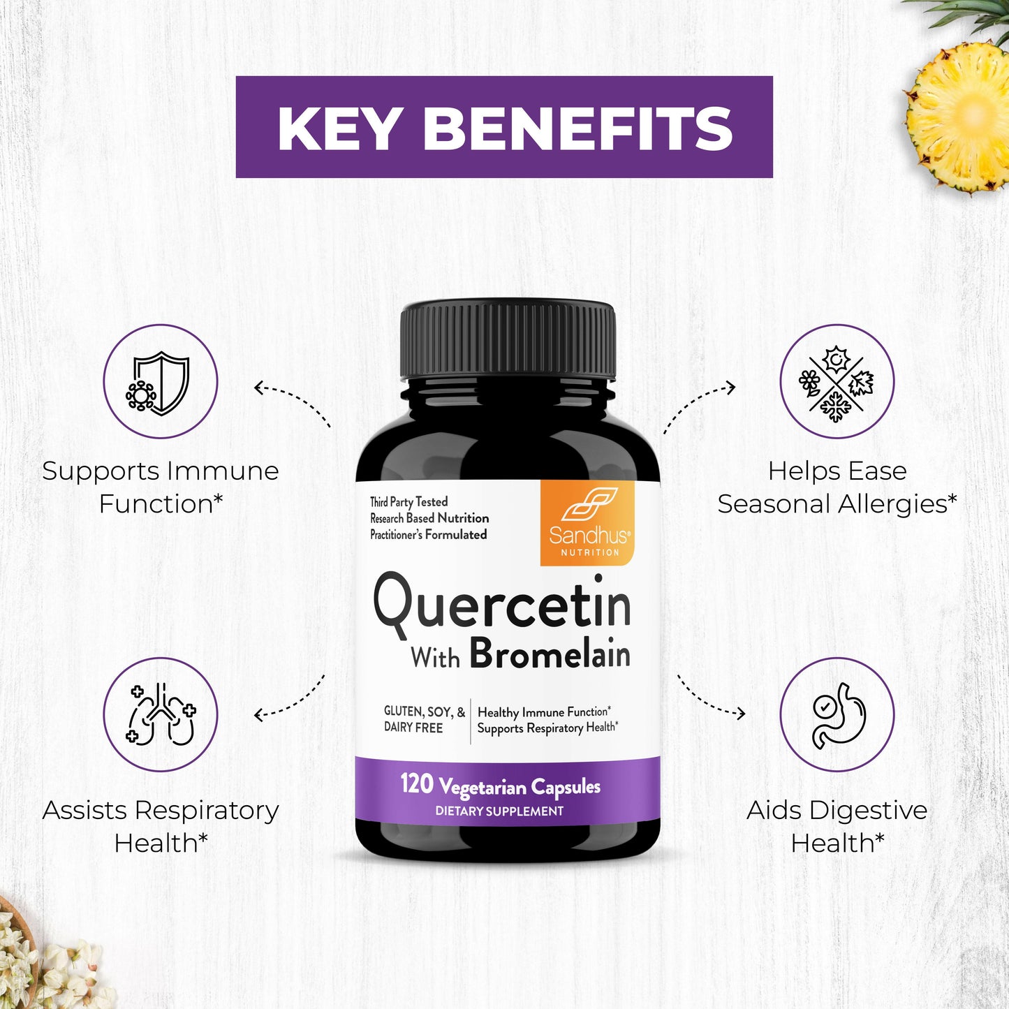 Sandhu’s Quercetin with Bromelain supplement bottle with infographic showing benefits for immune, respiratory, digestive health, and seasonal allergies.