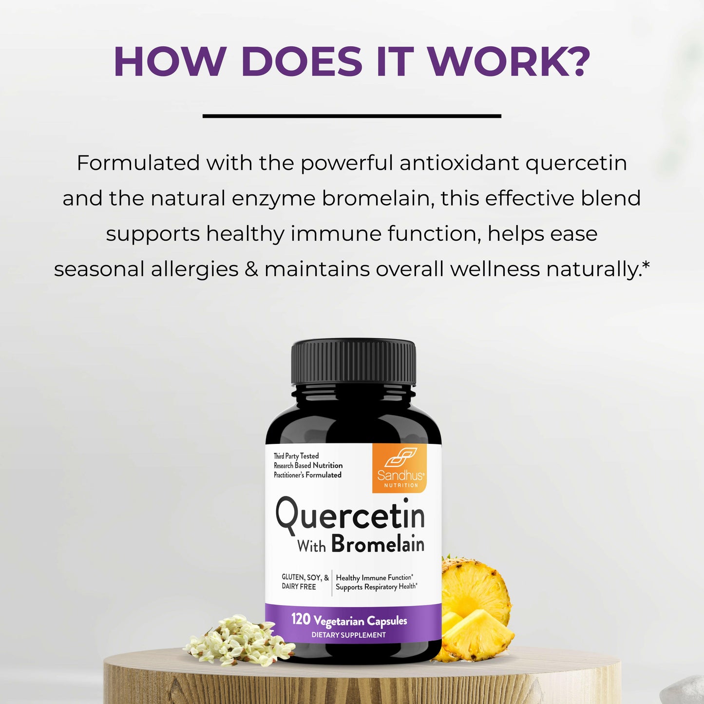 Sandhu’s Quercetin with Bromelain supplement bottle with text explaining antioxidant and enzyme blend supporting immune health, allergies, and wellness.