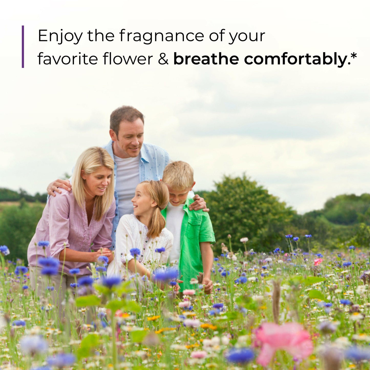 Smiling family in a flower field with text about enjoying fragrance and breathing comfortably, representing seasonal wellness support.