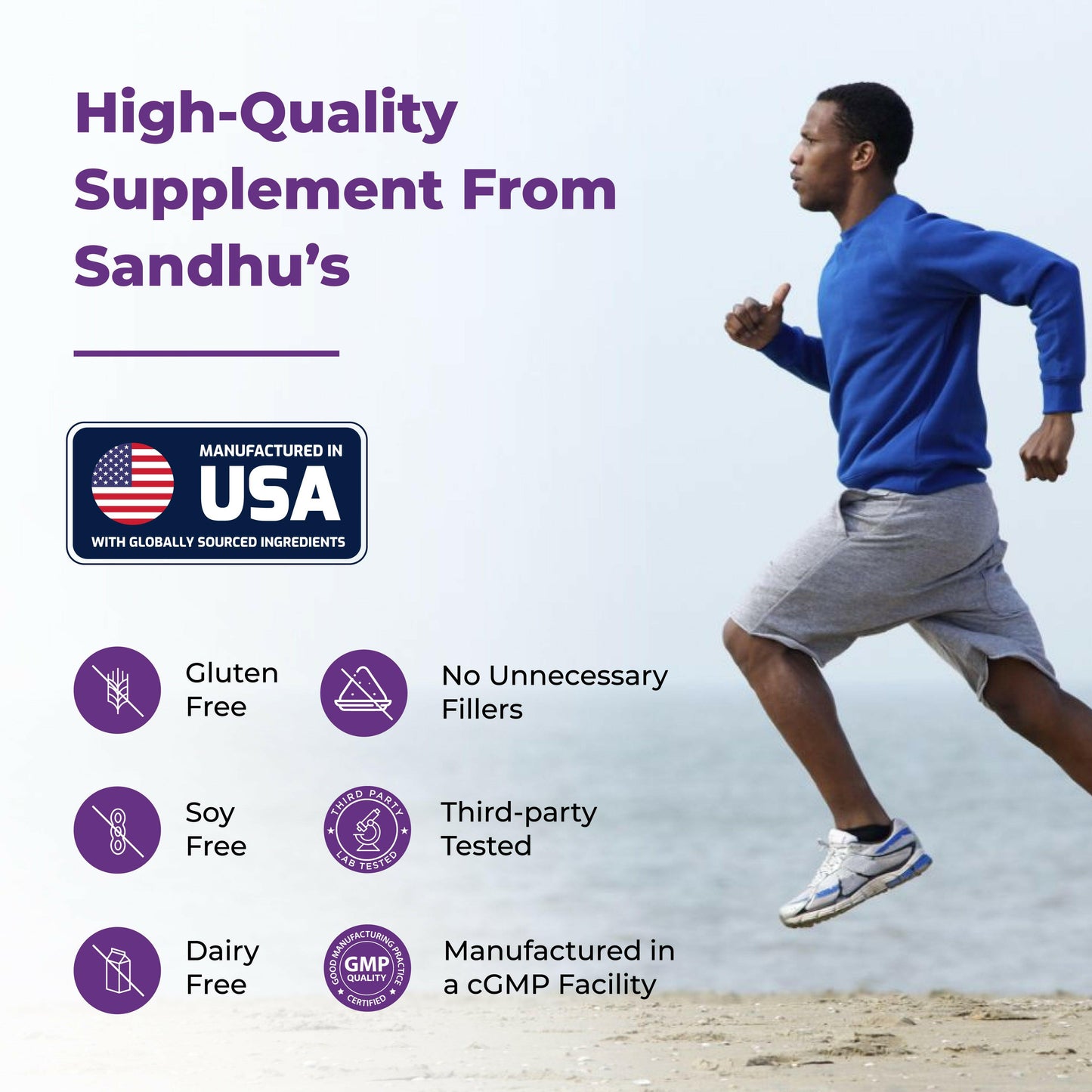 Man jogging on beach with Sandhu’s supplement infographic highlighting gluten free, soy free, dairy free, USA made, third-party tested.