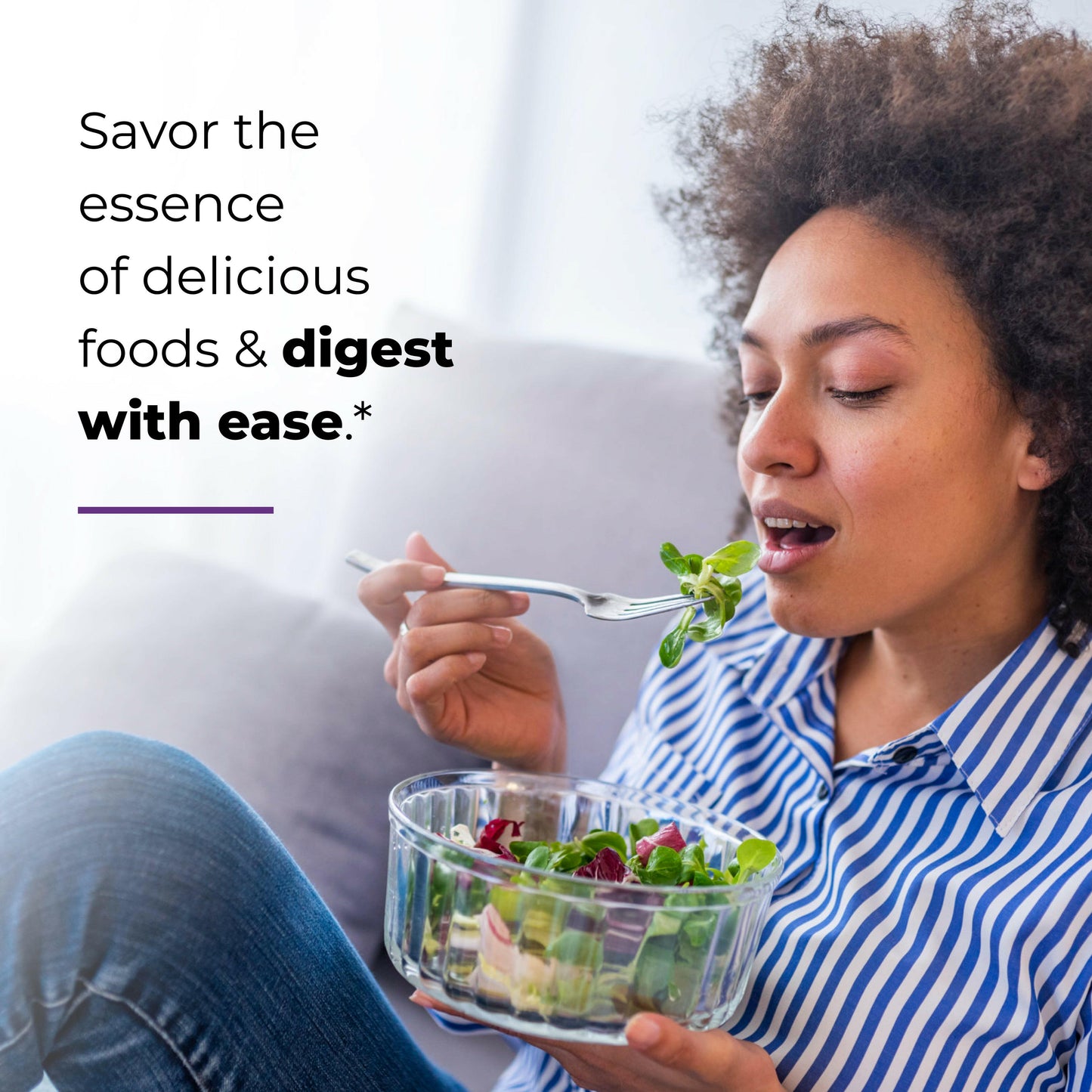 Smiling woman eating fresh salad with text highlighting ease of digestion and enjoying healthy foods.