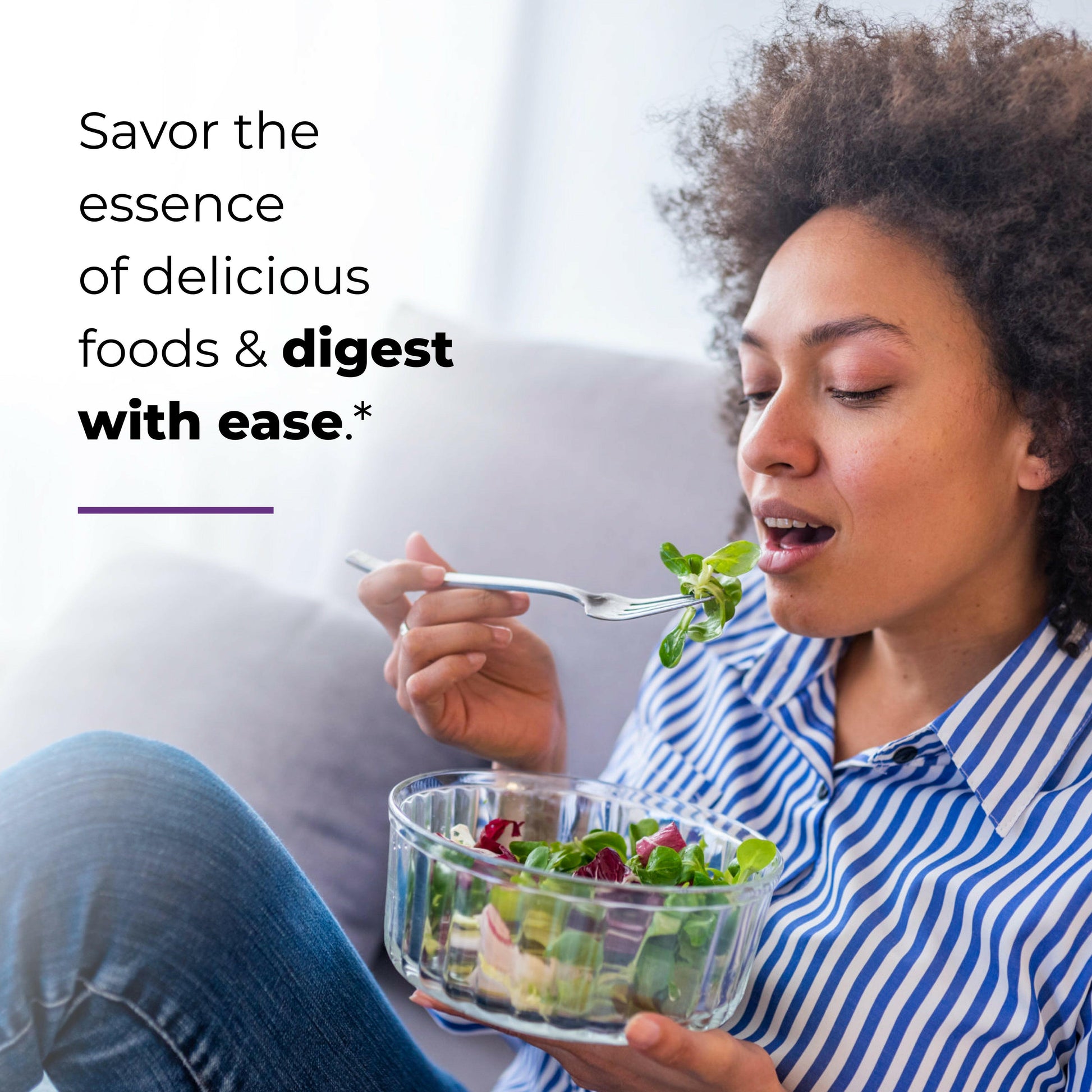 Smiling woman eating fresh salad with text highlighting ease of digestion and enjoying healthy foods.