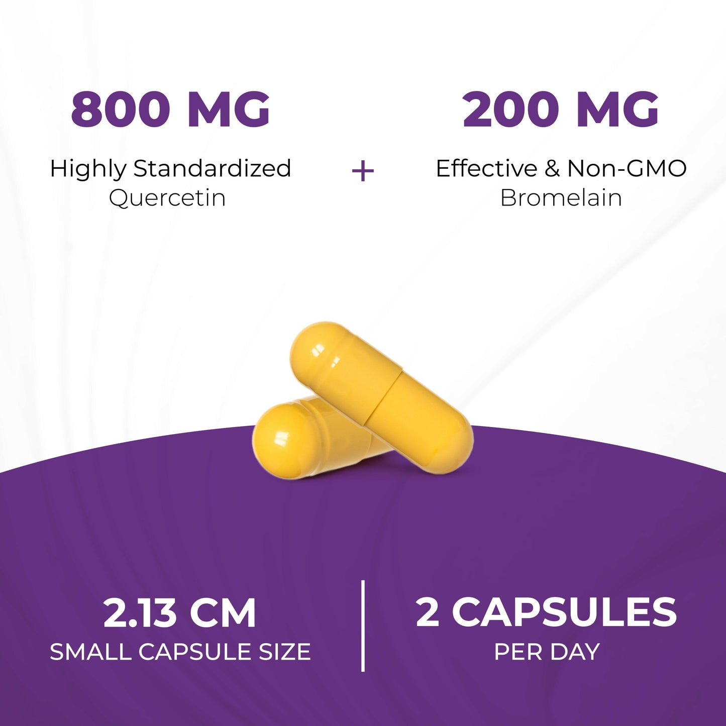 Yellow capsules showing Quercetin 800mg and Bromelain 200mg formula with recommended 2 capsules per day, small 2.13 cm size.