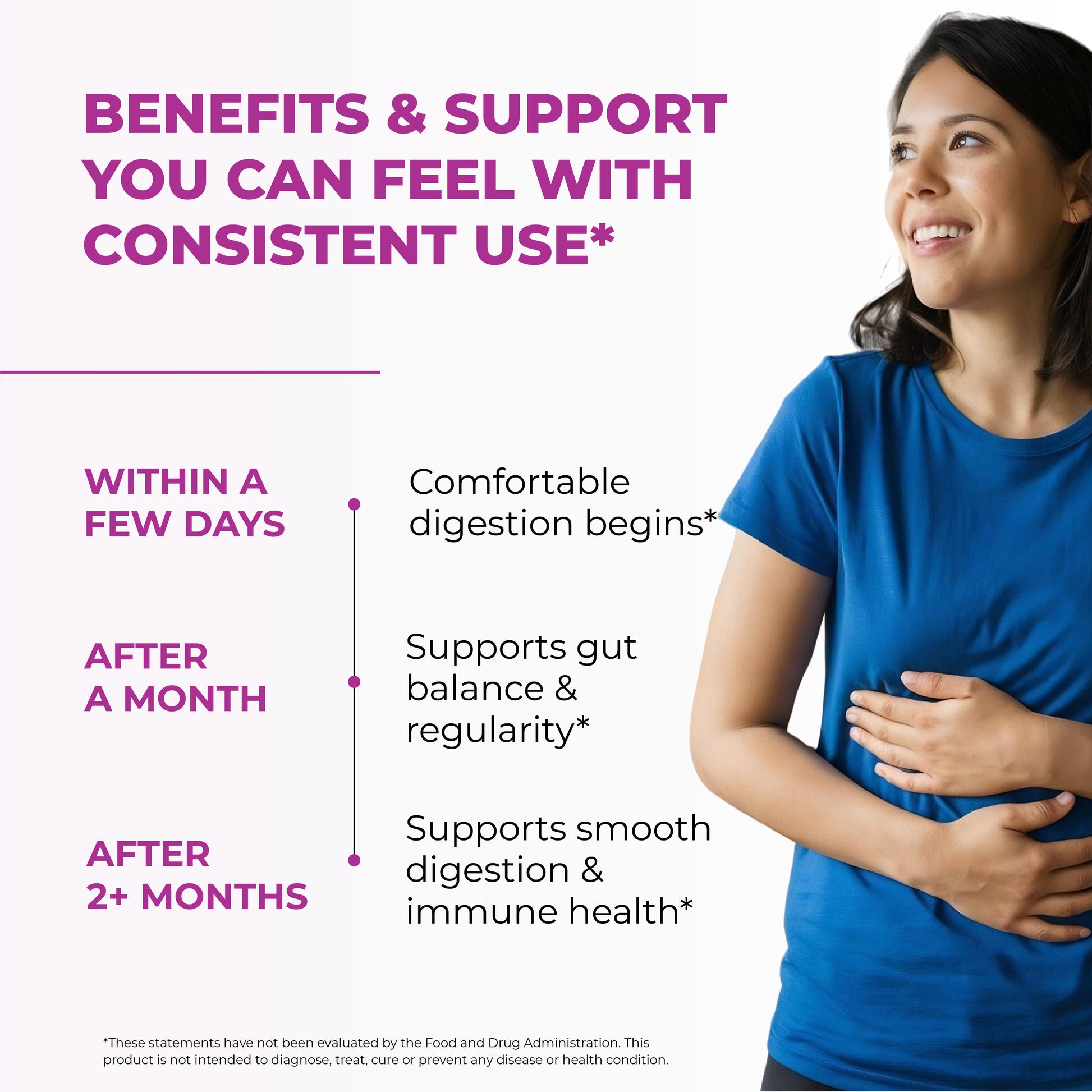 Woman smiling while holding stomach, illustrating digestion and immune balance with consistent Resveratrol use.