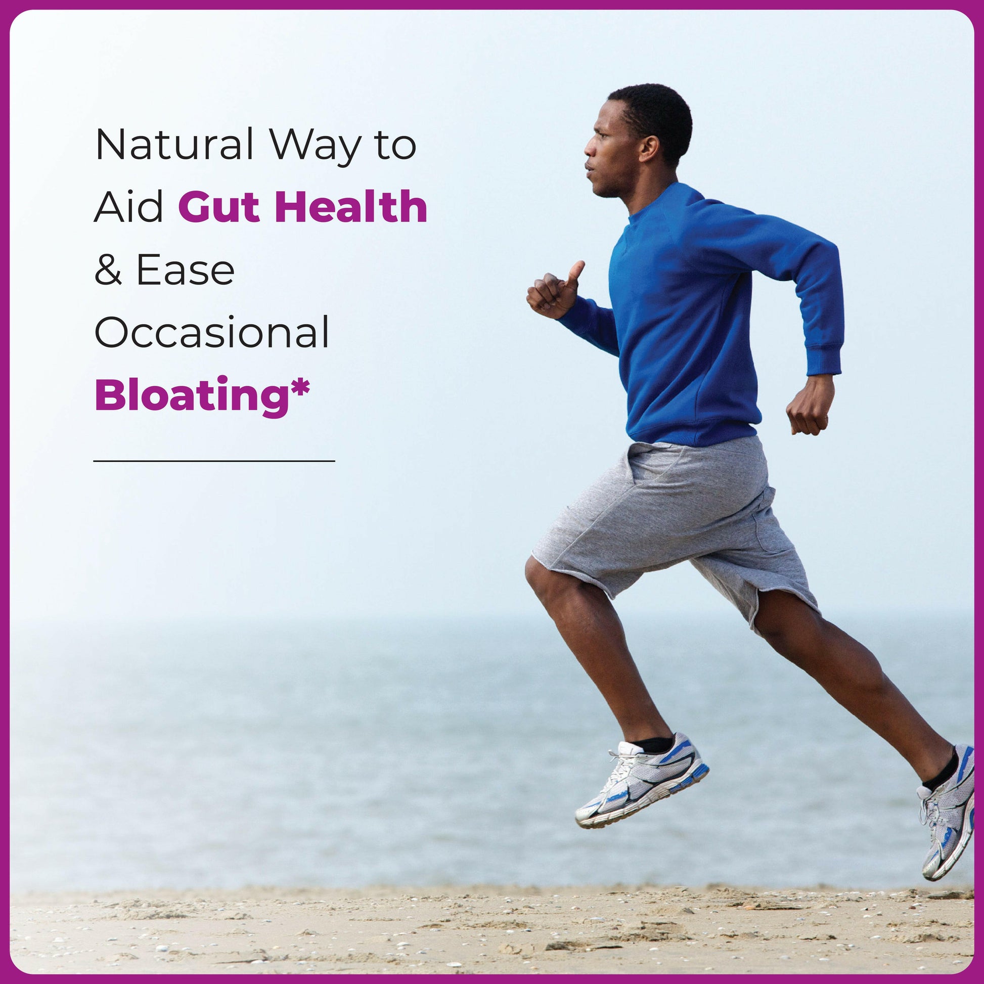 Man jogging by the beach, symbolizing digestive health and relief from occasional bloating with Resveratrol.