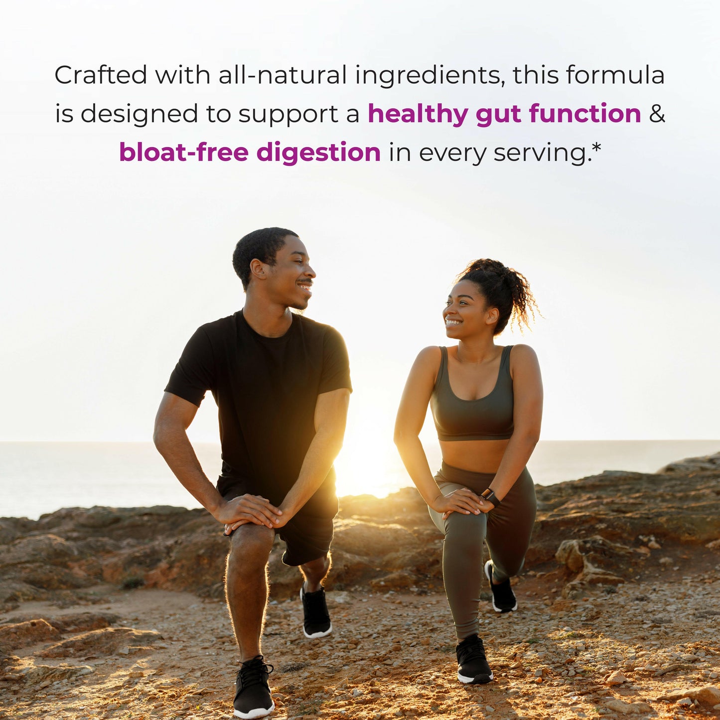 Active couple stretching outdoors, representing gut health and digestion support with Resveratrol blend.