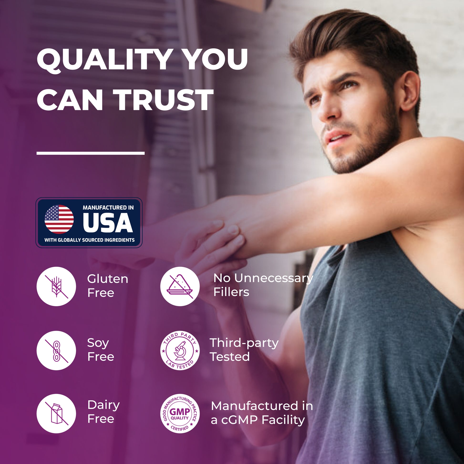 Man stretching with Sandhu’s Resveratrol quality assurance highlights: gluten free, soy free, dairy free, third-party tested, and made in USA in cGMP facility.