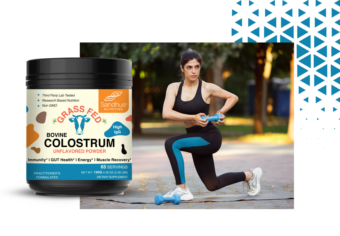 A woman exercising outdoors with dumbbells, shown alongside a container of Sandhu’s Grass Fed Bovine Colostrum supplement.