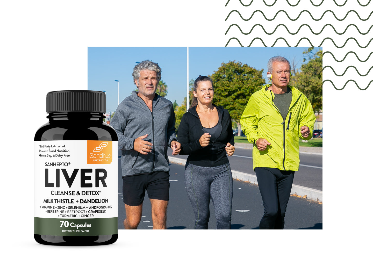 Three adults jogging outdoors beside Sandhu Nutrition Liver Cleanse bottle.