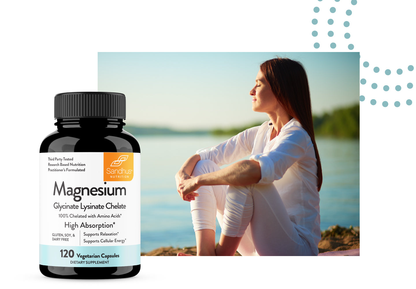 Magnesium Glycinate supplement bottle with woman relaxing outdoors near water.