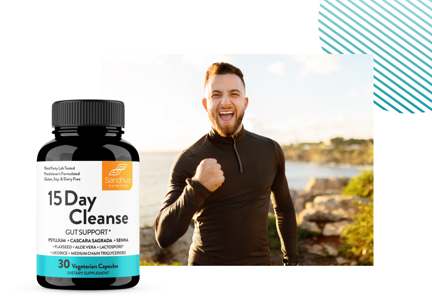 Happy man outdoors raising fist in celebration next to Sandhu’s 15 Day Cleanse supplement bottle, promoting gut support and energy benefits.