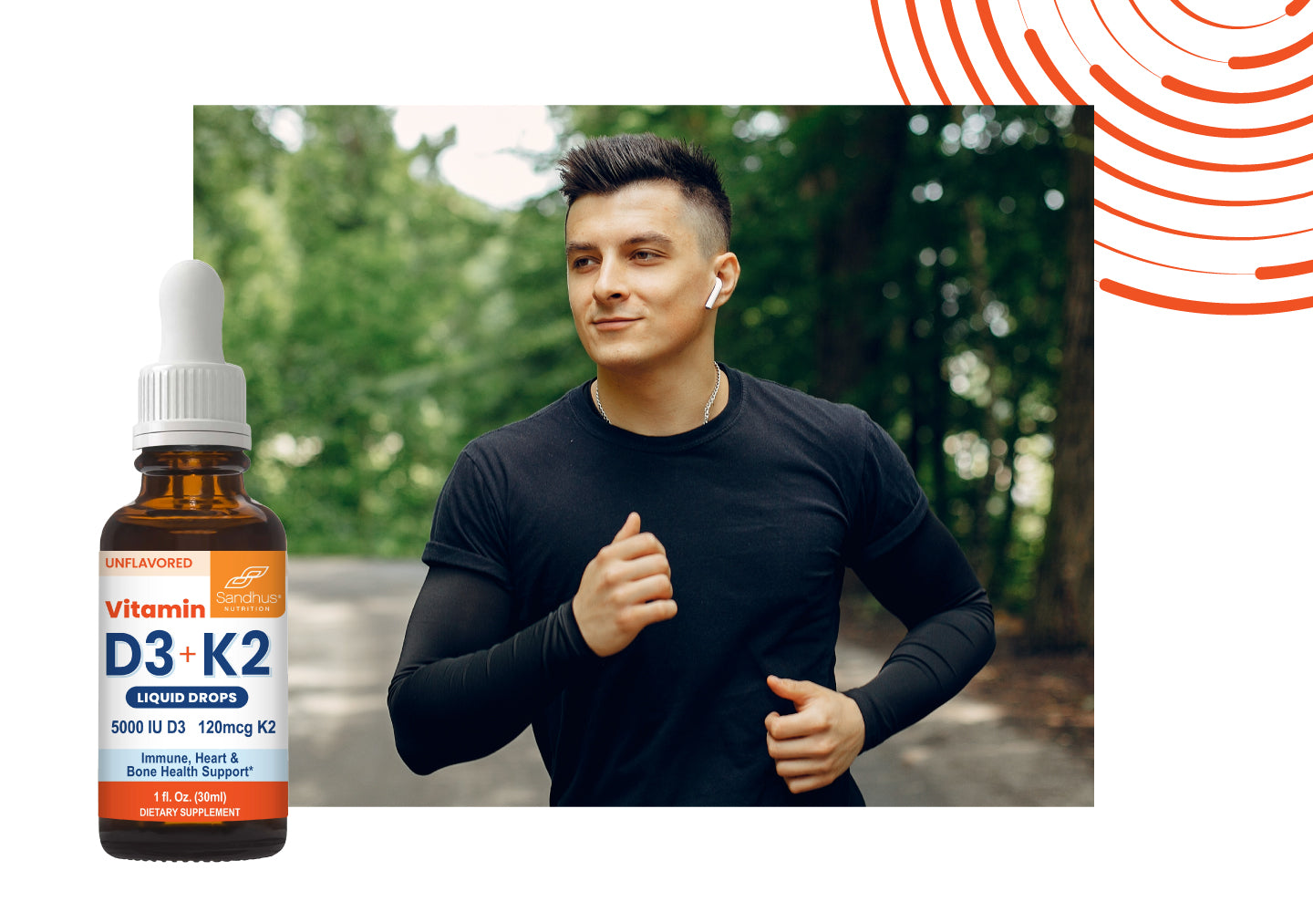 Man jogging outdoors with Sandhu’s Vitamin D3 + K2 liquid drops bottle, promoting immune, heart, and bone support.