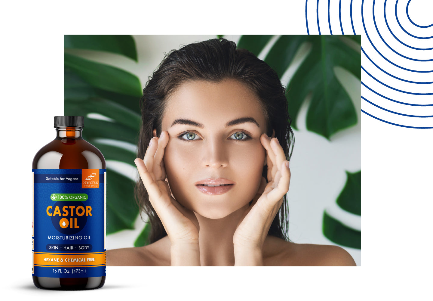 Sandhu’s Organic Castor Oil bottle next to woman with glowing skin gently touching her face, representing hydration and nourishment benefits.
