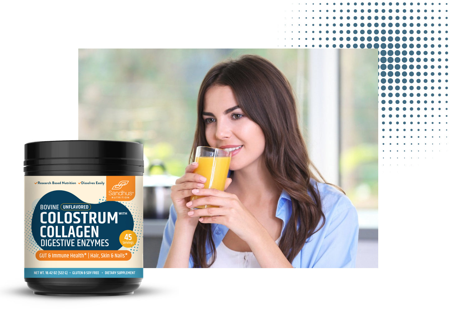 Fuel your day with Sandhus Colostrum + Collagen — mix with juice or shakes for daily gut, skin & immune support