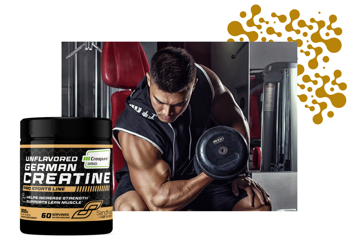 Athlete lifting heavy dumbbell in gym beside Sandhu Nutrition German Creatine bottle