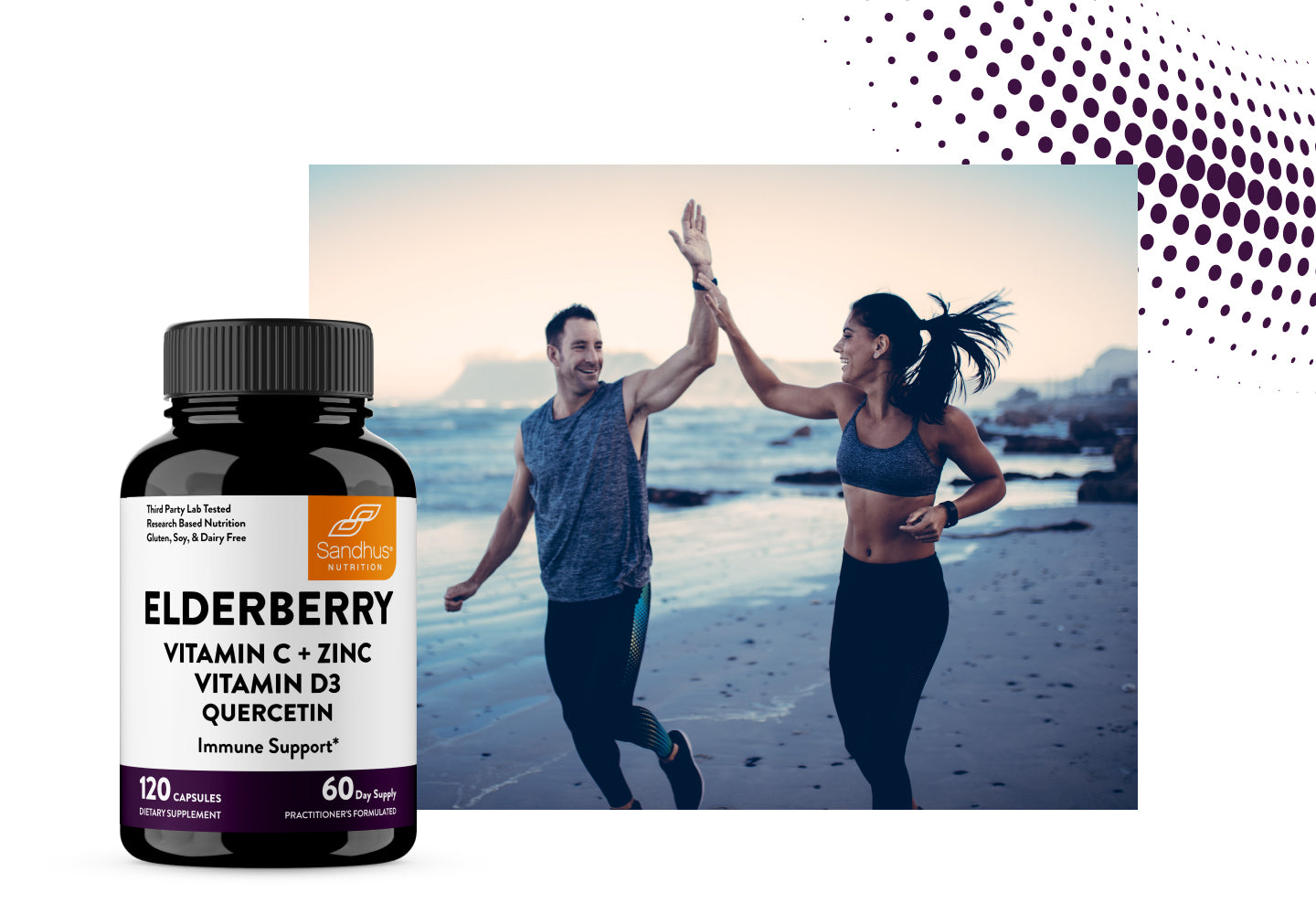Active couple high-fiving while jogging on the beach, next to Sandhus Nutrition Elderberry immune support supplement with Vitamin C, Zinc, D3, and Quercetin.