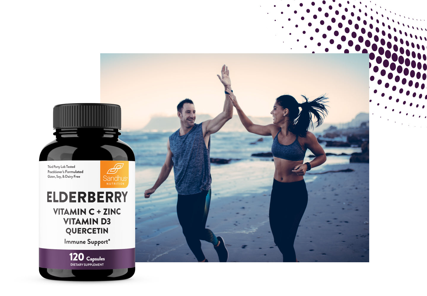 Sandhu’s Elderberry supplement bottle with couple exercising on the beach, symbolizing immune and seasonal support.