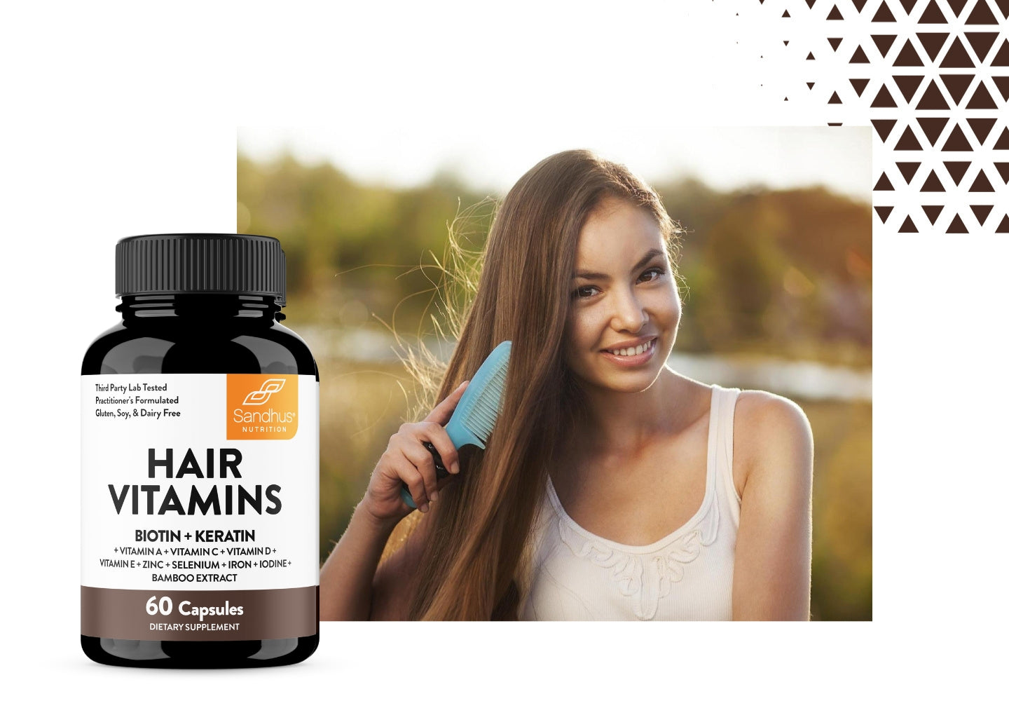 Sandhu’s Hair Vitamins with biotin and keratin shown beside woman combing long healthy hair outdoors.