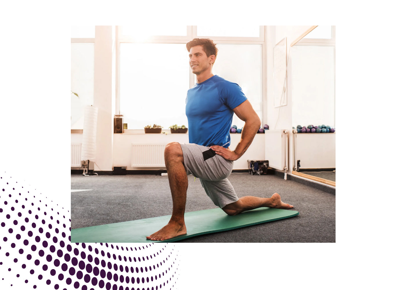 Man stretching on yoga mat indoors, representing active lifestyle and wellness support with Sandhu’s Elderberry supplement.