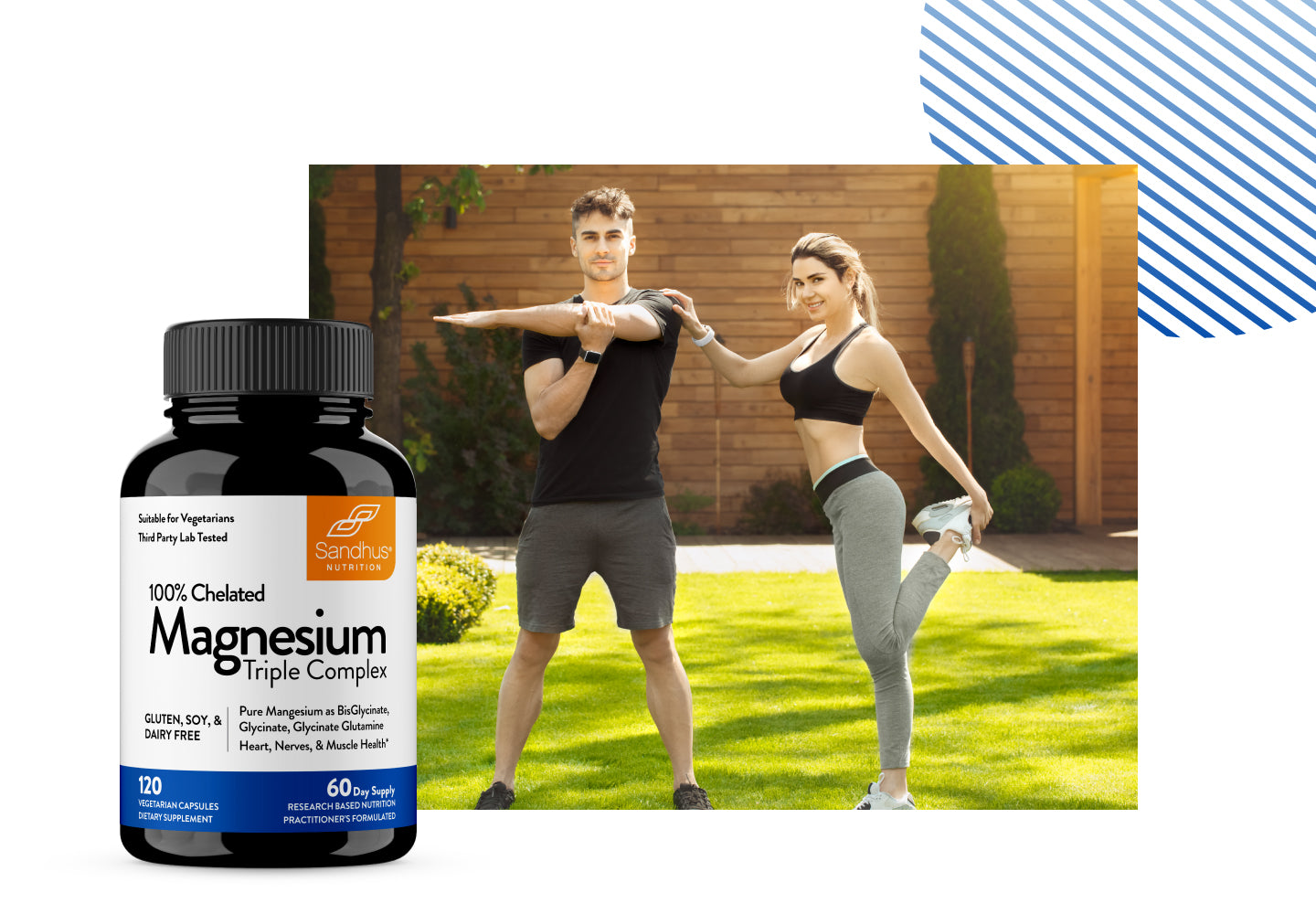 Sandhu’s Magnesium Triple Complex supplement bottle with man and woman stretching outdoors for fitness and wellness support.