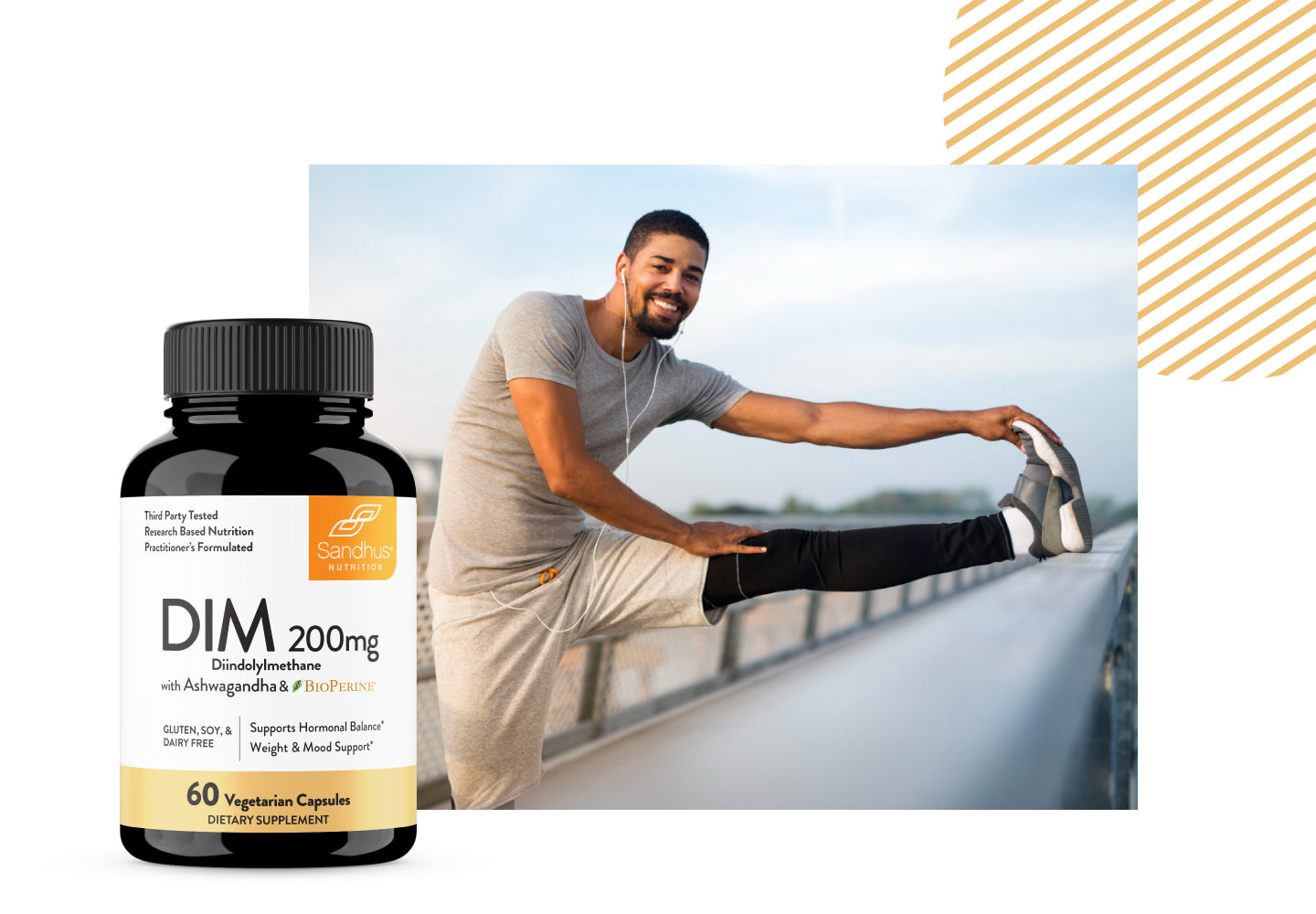 Sandhu’s DIM 200mg supplement bottle with active man stretching outdoors, highlighting fitness and wellness support.
