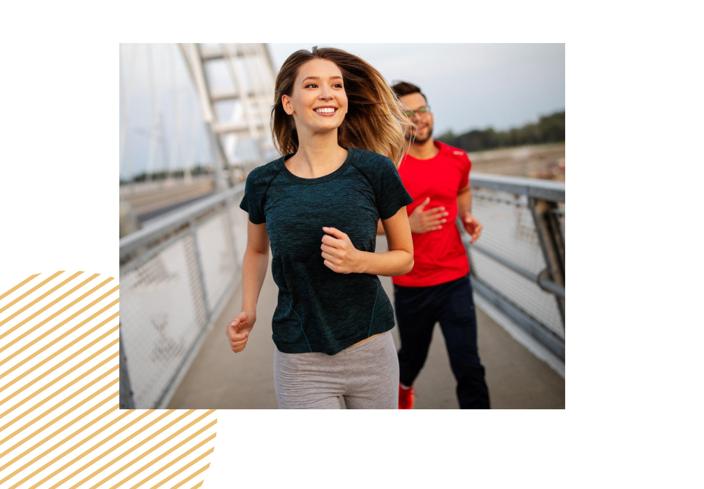 Smiling woman jogging outdoors with man, representing active lifestyle and wellness support.
