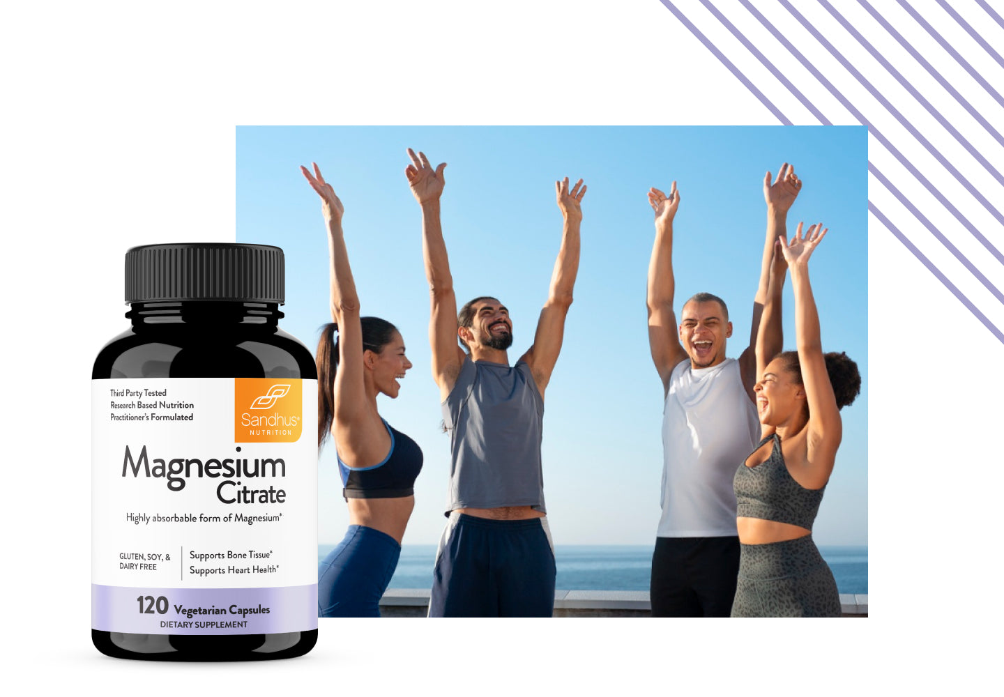 Sandhu’s Magnesium Citrate supplement bottle with a group of happy active adults raising hands outdoors.