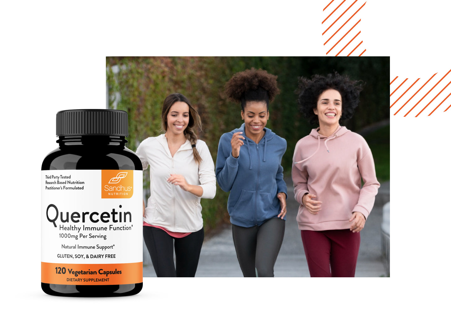 Sandhu’s Quercetin supplement bottle with three women jogging outdoors, promoting natural immune support and active wellness.