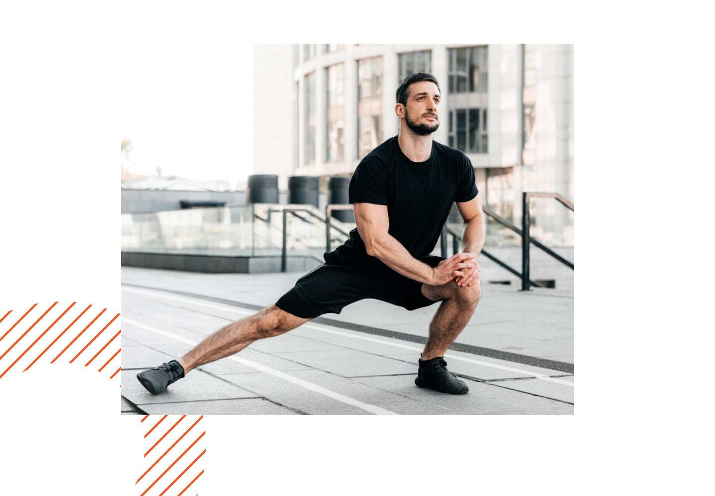 Man in sportswear stretching outdoors, representing fitness, strength, and wellness support.