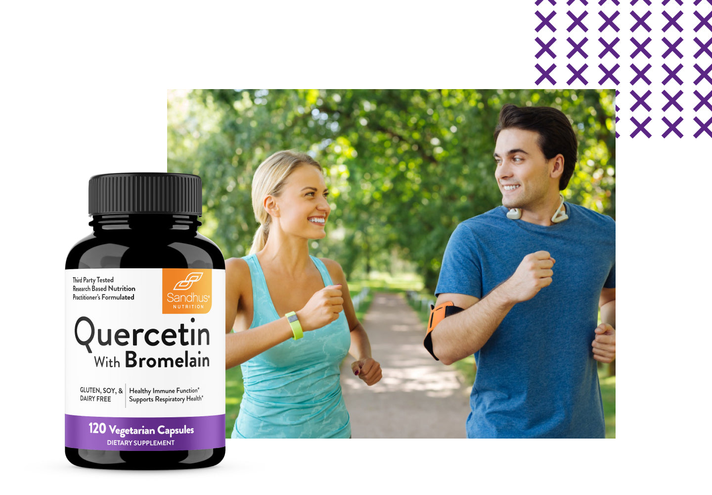 Sandhu’s Quercetin with Bromelain supplement bottle with man and woman jogging outdoors, promoting immune and respiratory health support.