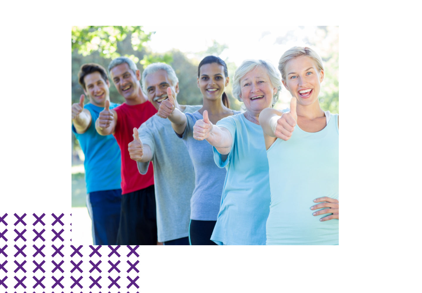 Group of smiling adults giving thumbs up outdoors, representing wellness, energy, and healthy living support.