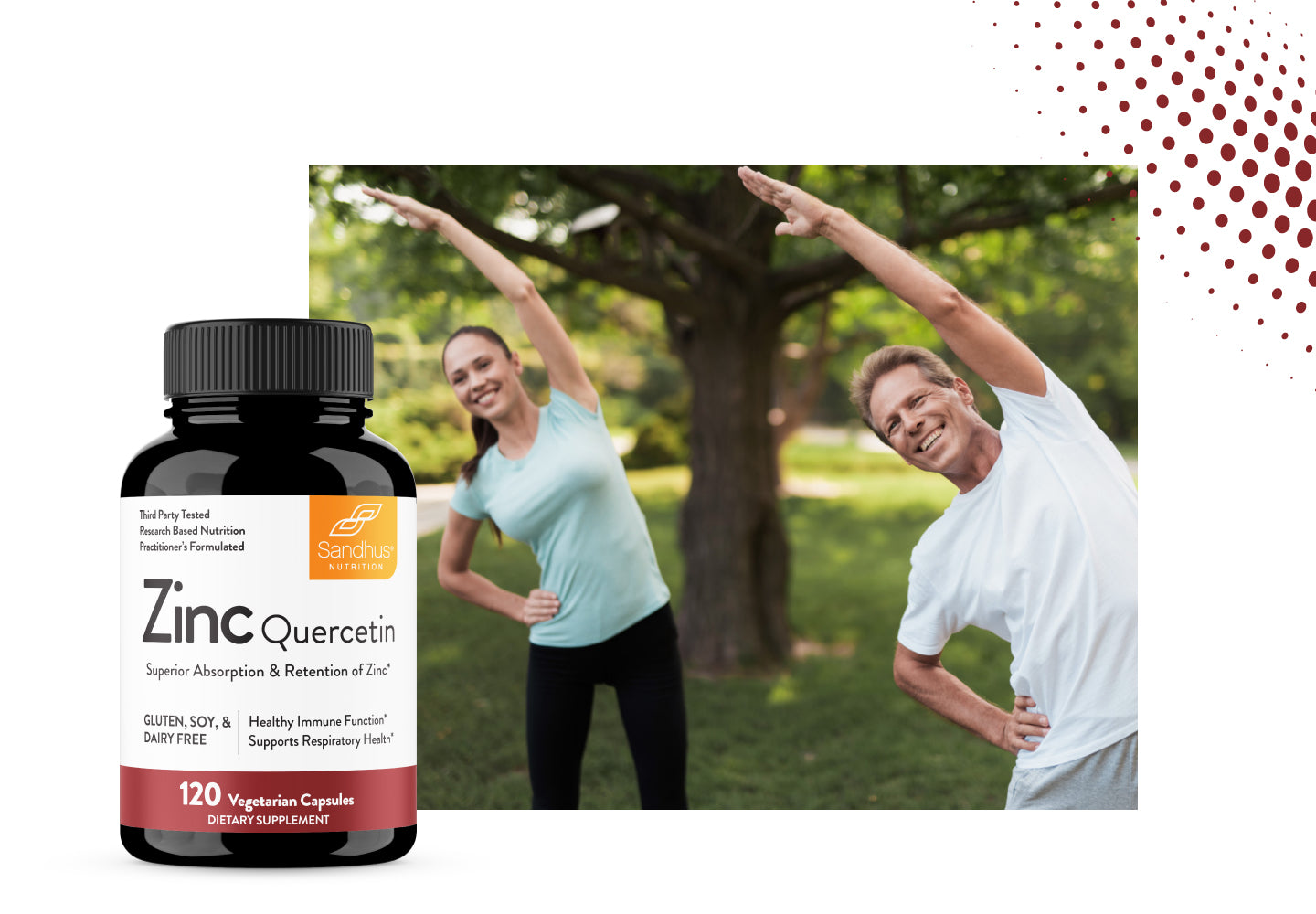 Sandhu Nutrition Zinc Quercetin supplement bottle with two adults stretching outdoors, supporting active lifestyle.