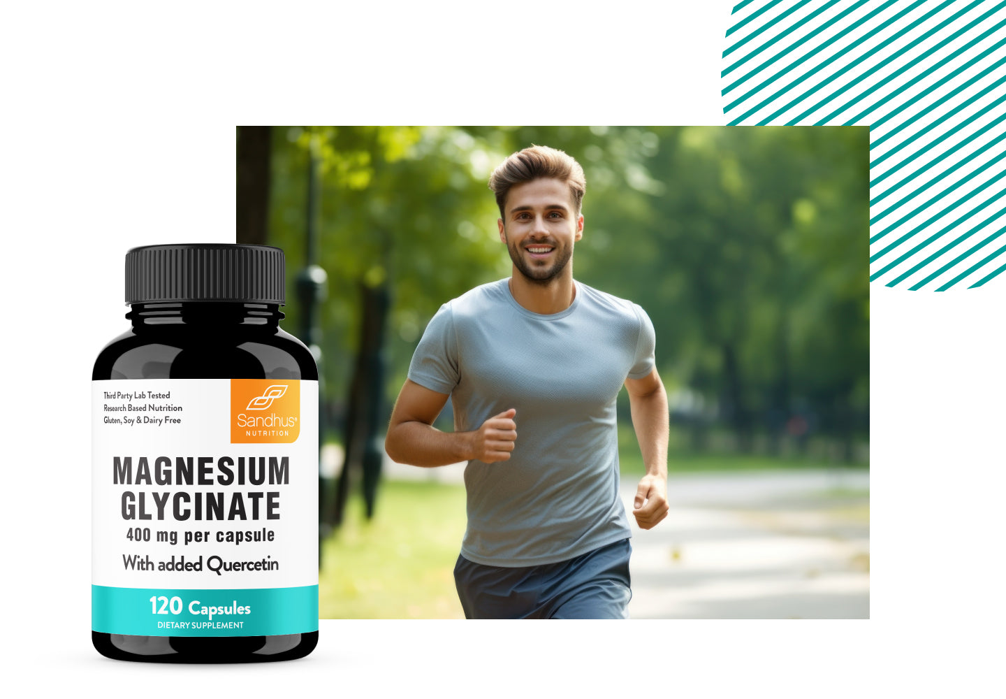 Smiling man jogging outdoors beside Sandhu Nutrition Magnesium Glycinate bottle.