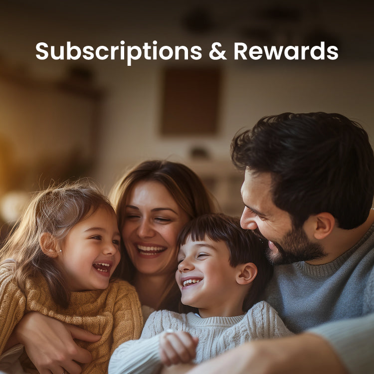 Happy family smiling together with text overlay Subscriptions and Rewards promoting wellness and convenience of subscription service.